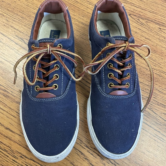 Mens 9.5 Polo Ralph Lauren Blue Canvas Shoes Sneaker with Leather Laces - Picture 2 of 7